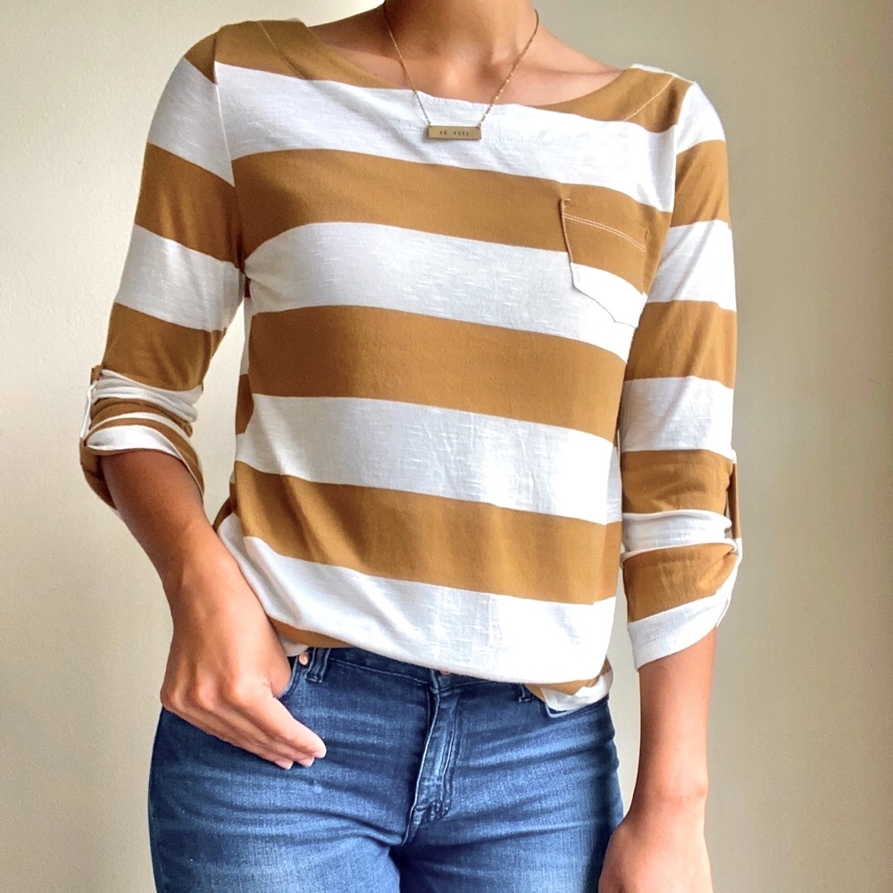 Golden Striped 3/4 sleeve boatneck t-shirt